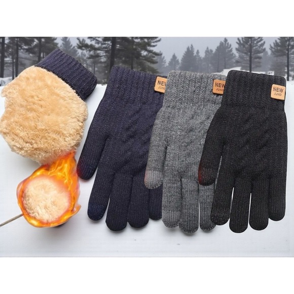 Unisex Thermal Warm Thick Fleece Lined Touchscreen Gray Knit Gloves NEW‎ Winter - Picture 8 of 11
